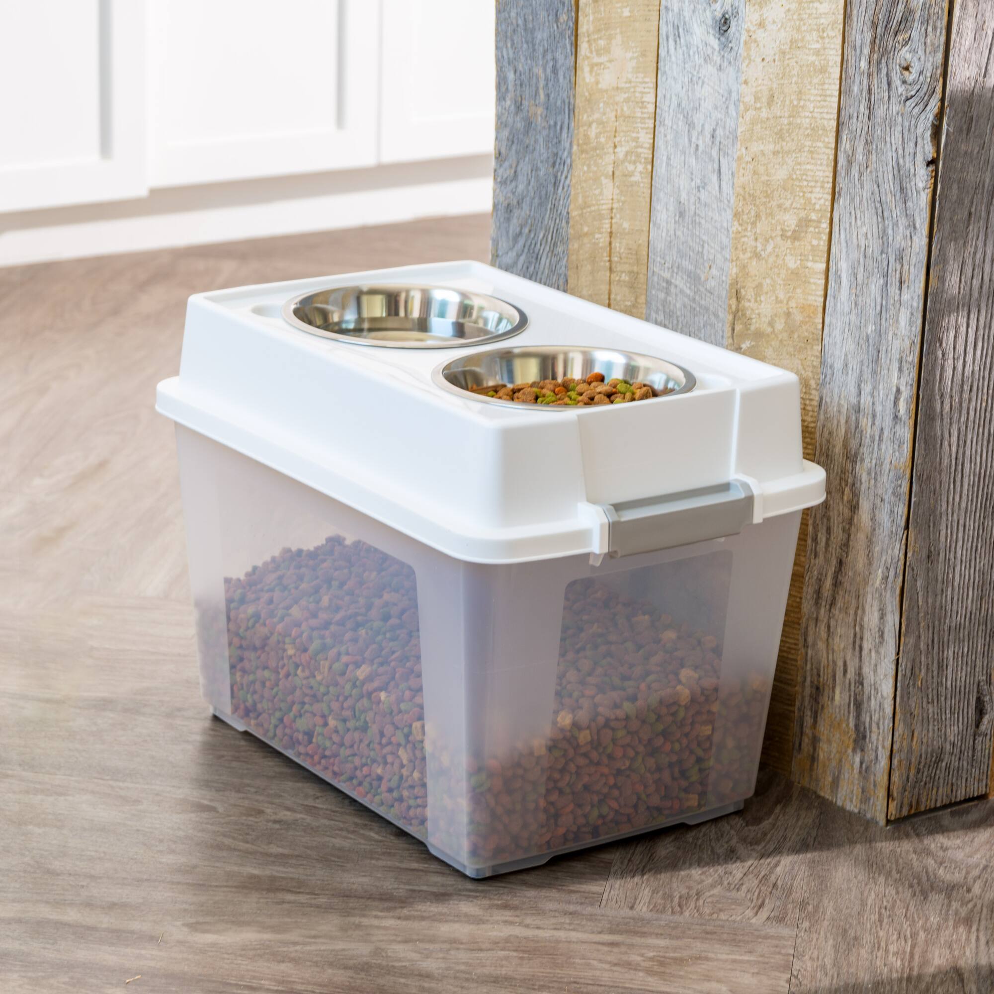 IRIS 45qt. Clear/White/Gray Airtight Elevated Feeder Storage Container